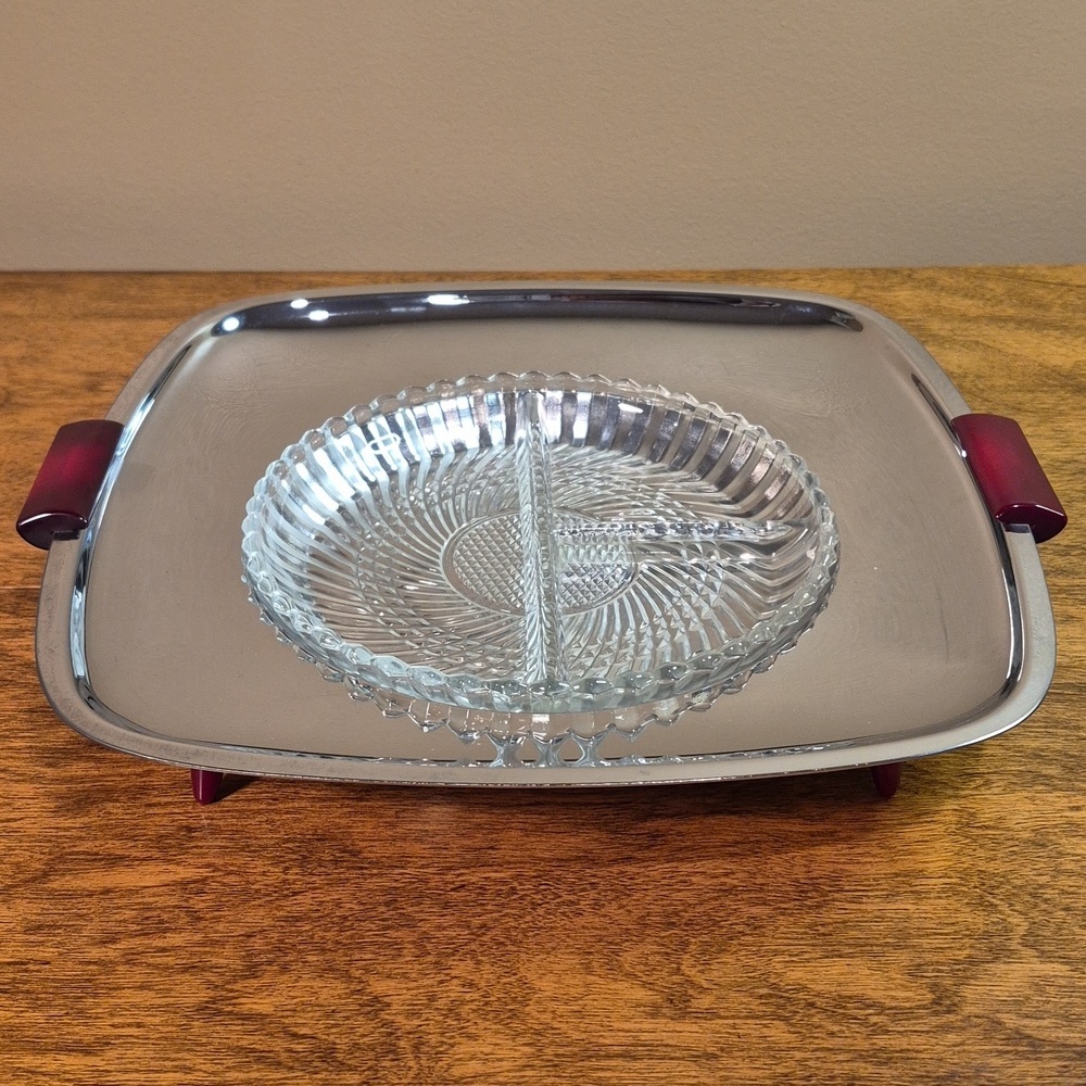 GLO-HILL GOURMATES Vintage MCM Chrome Bakelite Serving Tray Divided Glass Insert
